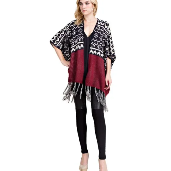VOCAL Aztec Print Fringed Open Front Poncho Cardigan Sweater S-XL NWT - Picture 2 of 5
